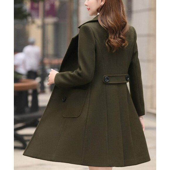 Women's Army Green Elegant Notched Collar Double Breasted Wool Blend Over Coat - Picture 4 of 5